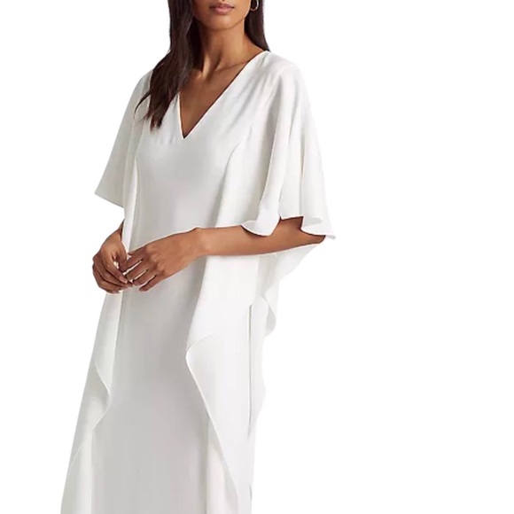 Lauren Ralph Lauren Georgette Caftan Gown White V-Neck Size 2 - Picture 5 of 8
